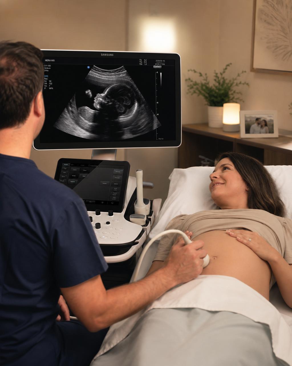 Médico realizando ultrassom obstétrico em gestante na clínica Gestar
